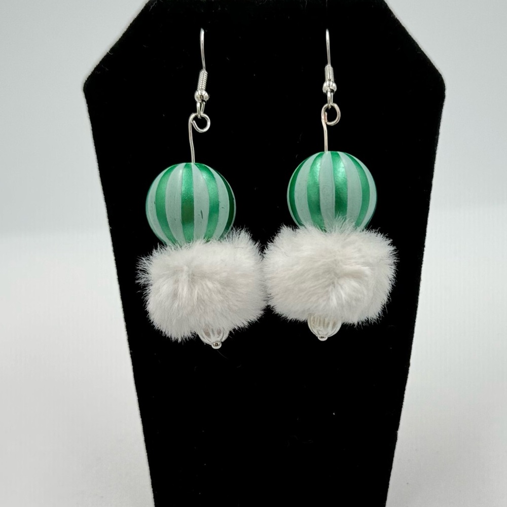 Homemade Elegant Candy Stripped, Green and White Earrings
